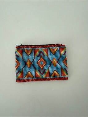 Beaded Zip Pouch in Blue and Orange - Women's Accessory